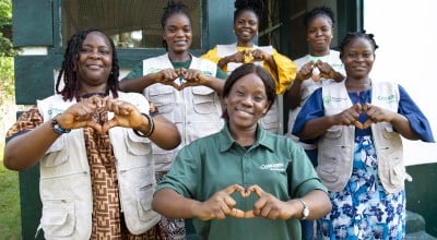Concern Liberia team members Etmaralyn, Macee, WQueta, Antoinette, Susan, and Pandora at Concern's programme office in Buchanan. (Photo: Kieran McConville/Concern Worldwide)