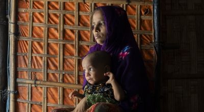 Kulsum* a Rohingya refugee, with with her 15-month child at Camp 13, Ukhiya, Cox's Bazar. (Photo: Saikat Mojumder/Concern Worldwide)