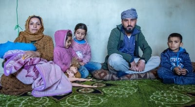 Khaled* lives in the mountains with his wife Maram* and four children, Maria* (7), Malik* (6), Dalia* (4) and Ali* (2). They fled Syria and moved to Lebanon in 2013. They were forced to move up to the mountains recently as they can not afford to live in the city. (Photo: Gavin Douglas/Concern Worldwide)