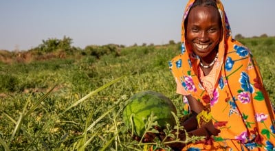 Mahadia Gamar (24) showcases her watermelon at her farm in Karo village, Chad. (Photo: Eugene Ikua/Concern Worldwide)