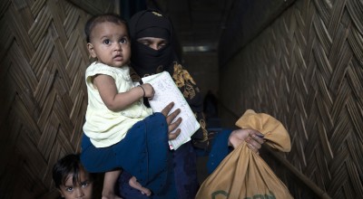 Dina* and her one-year-old child Barsha* just received Super Cereal Plus, a fortified blend of wheat and soya that's rich in protein and nutrients. It's provided to pregnant and breastfeeding mothers at the Rohingya camp through Concern's Integrated Nutrition Facilities (INFs).