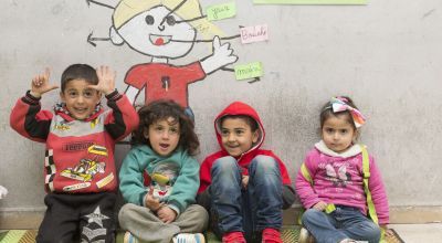 Kareem and his friends taking part in Concern’s non-formal education programme at a learning centre in north Lebanon. The children in this class are aged between three and five. Photo: Chantale Fahmi/Concern Worldwide 2017.