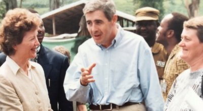 Dominic MacSorley and Jerry Merx talking with Mary Robinson during her visit to Concern's programmes. As President of Ireland, she was one of the first head's of state to visit Rwanda in the wake of the genocide. Photo: Concern Worldwide. 