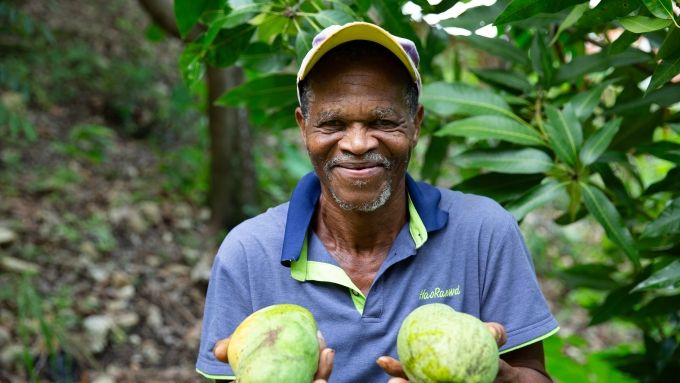 Jaques Delouis with some mangoes from the plantation where he works in the Centre department of Haiti. Photo: Kieran McConville/Concern Worldwide